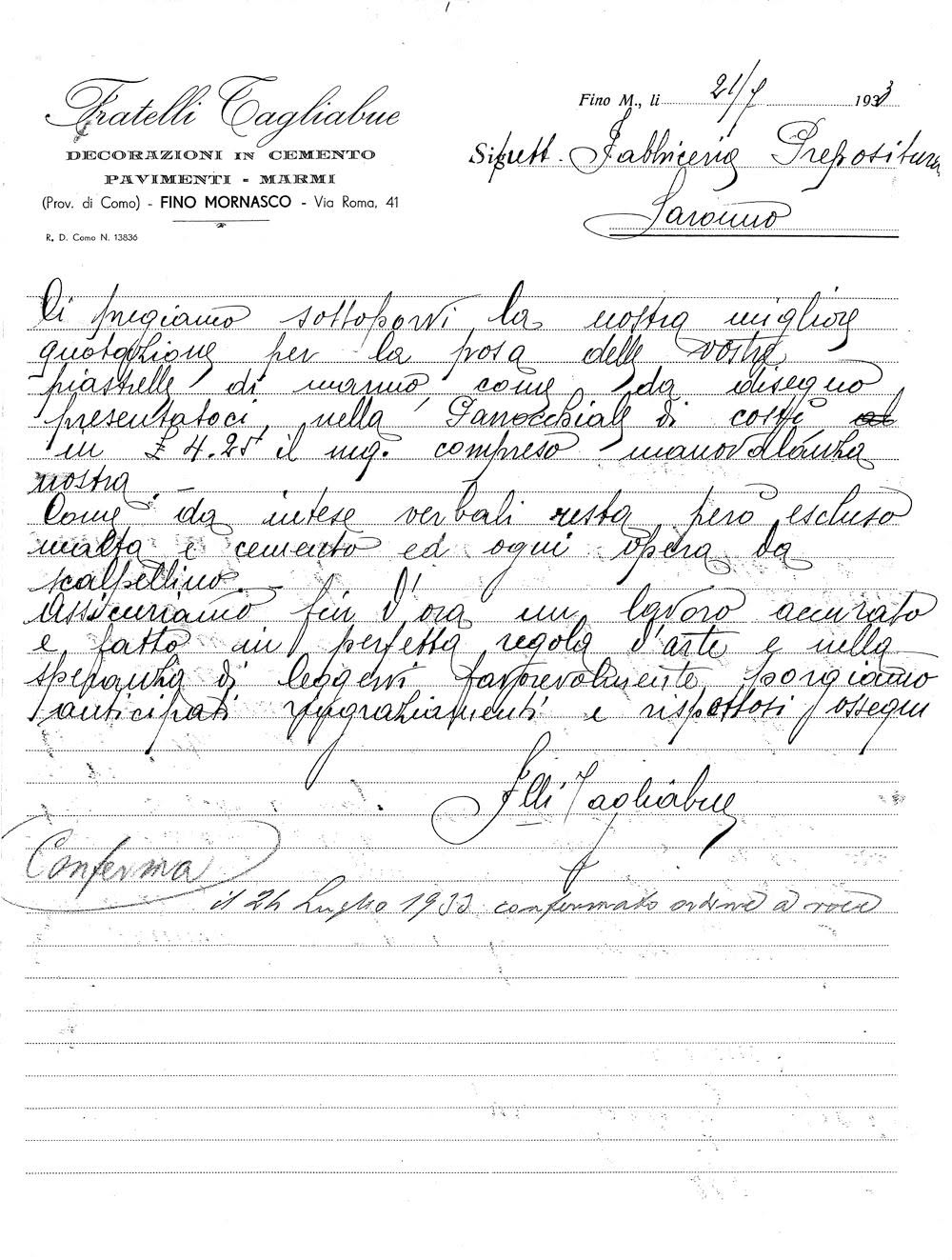 Preventivo Fratelli Tagliabue, 21 luglio 1933